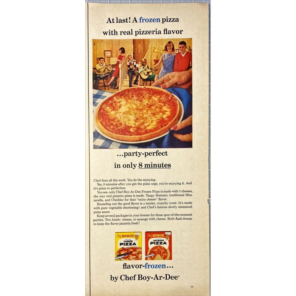 Chef Boy-Ar-Dee Flavor-Frozen Pizza "Party Perfect in only Minutes" Print Ad '64